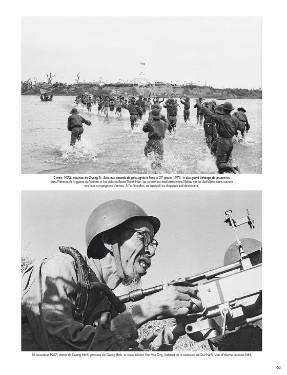 two black and white images one showing soldiers shooting and the other showing military uniforms