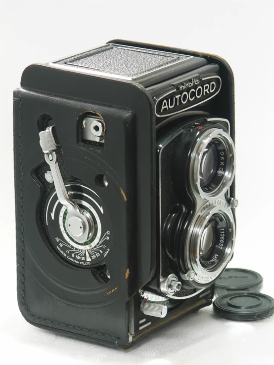 an antique black camera with two front and one side cameras