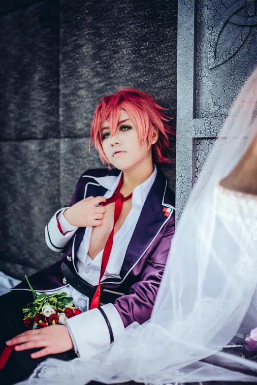 anime girl sitting in white wedding dress outdoors