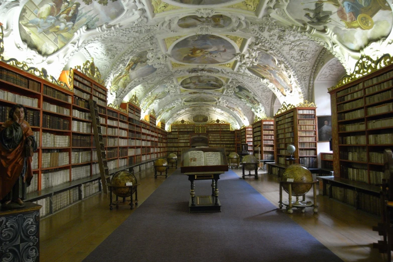 the ceiling of this liry is covered in ornate paintings