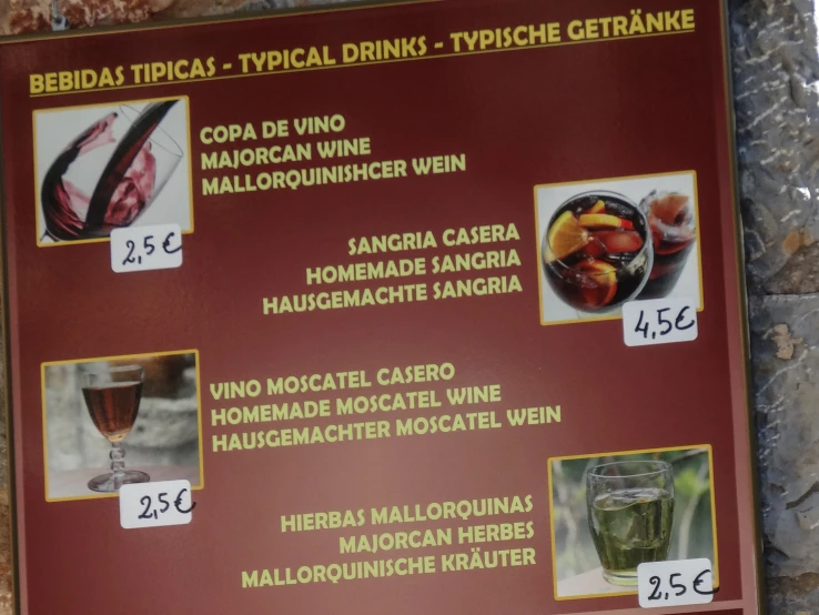 a menu board with all of the different types of wine