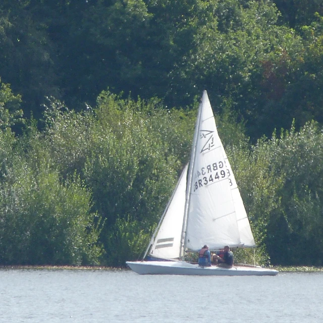 sail boat with two people on the front in front of trees