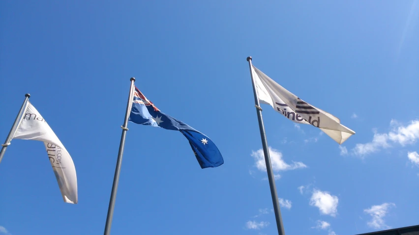 several different flags blowing in the wind