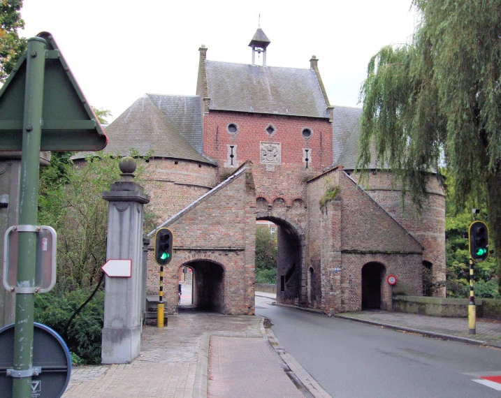 the view shows the bridge leading to the old building