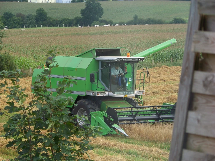a large green machinery in a field with other farm animals