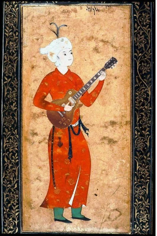 an illustration or painting of a man with a mandolin