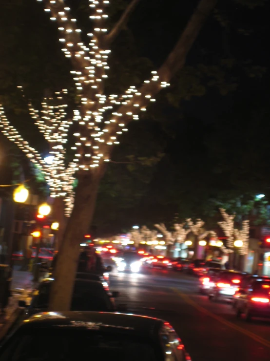 a tree with lights on it sits near a street