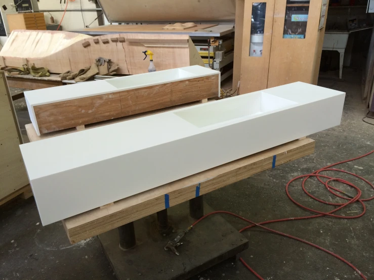 a counter being constructed with the help of wood