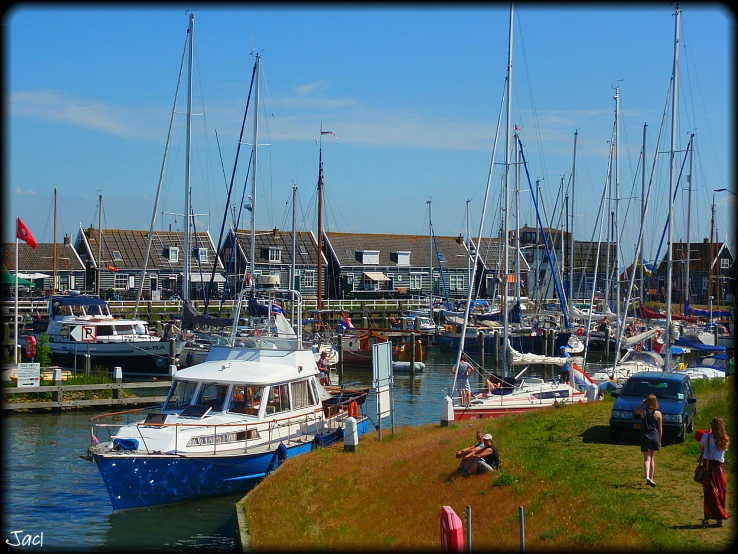 a marina with docked boats and people standing on the grass