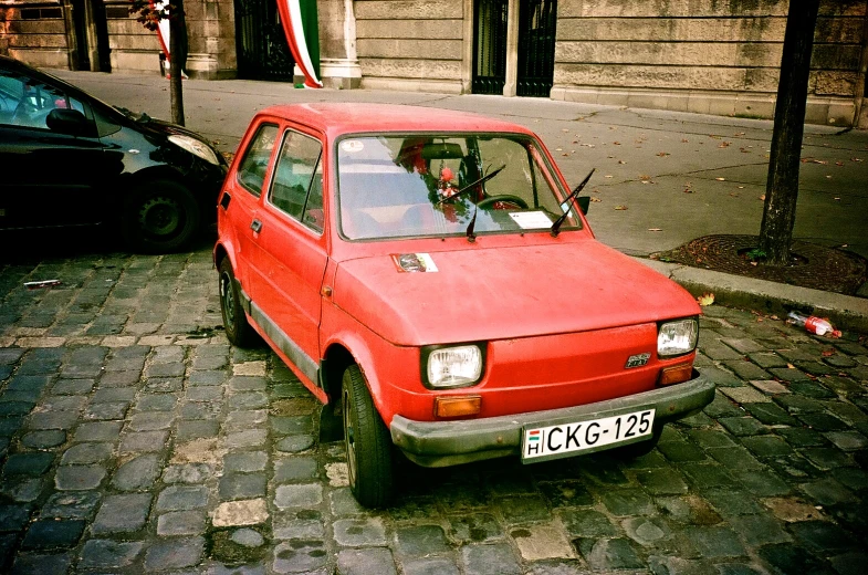 the red car has a black dog inside