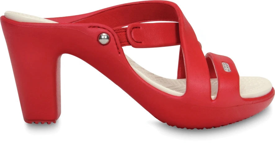 a close up of a red shoe with two straps