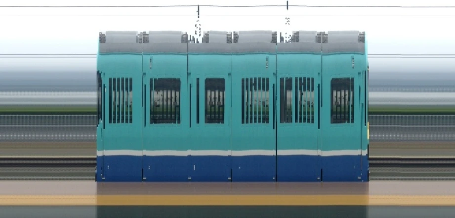 a blue and white train car sitting at the station