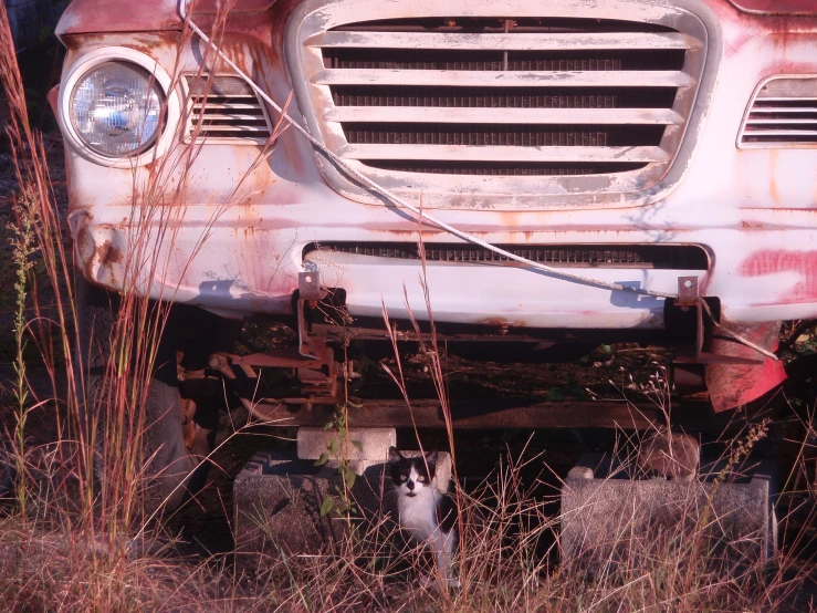 an old vehicle that is parked on the side of a road