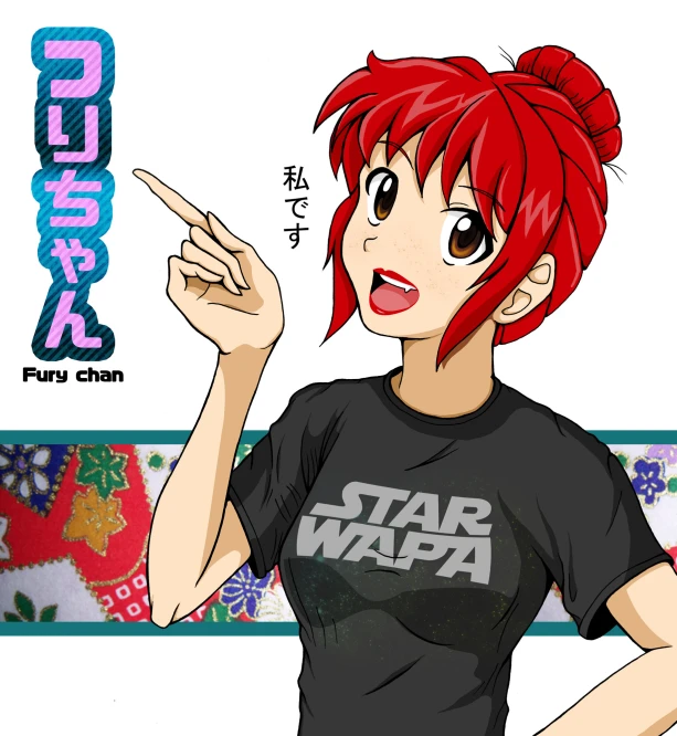 a girl with red hair, wearing a star wars shirt and pointing her finger