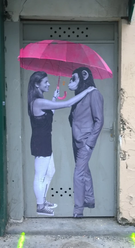 the painted image depicts an asian couple giving each other a small pink umbrella