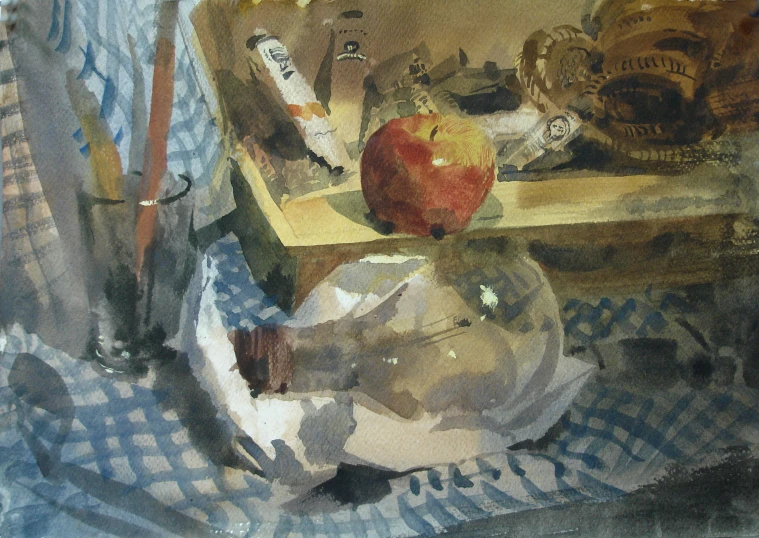 an oil painting of apples and other things