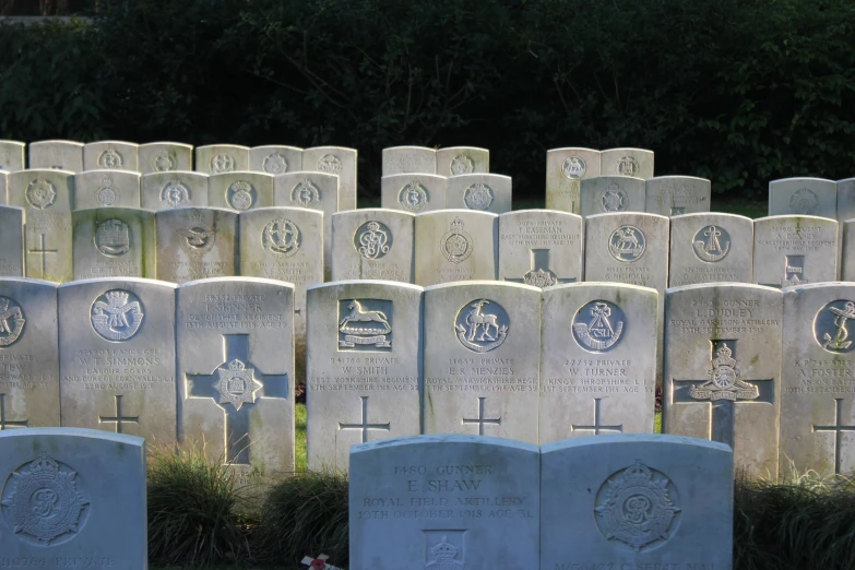 many headstones are shown in rows at an old cemetery