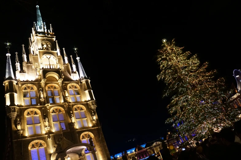 a huge cathedral lit up for christmas with large trees