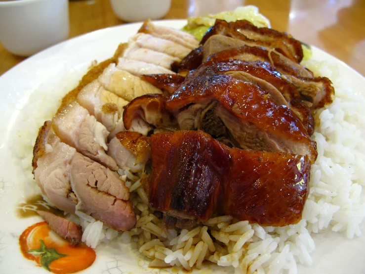 plated sliced pork and rice with gravy on the side