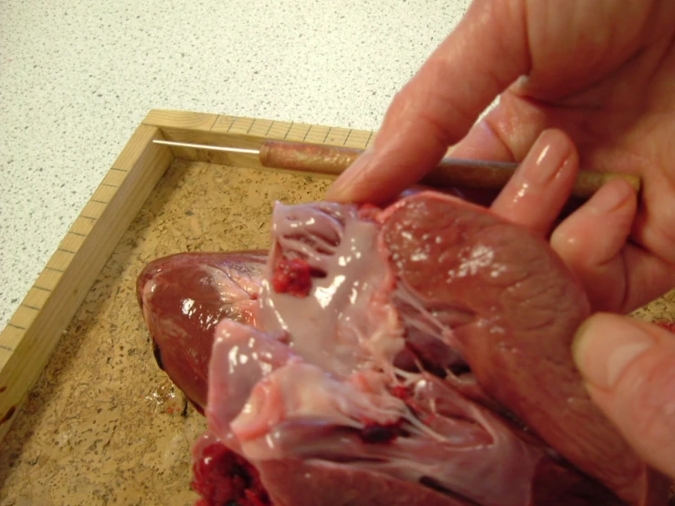 a person  meat with a knife on top of a  board