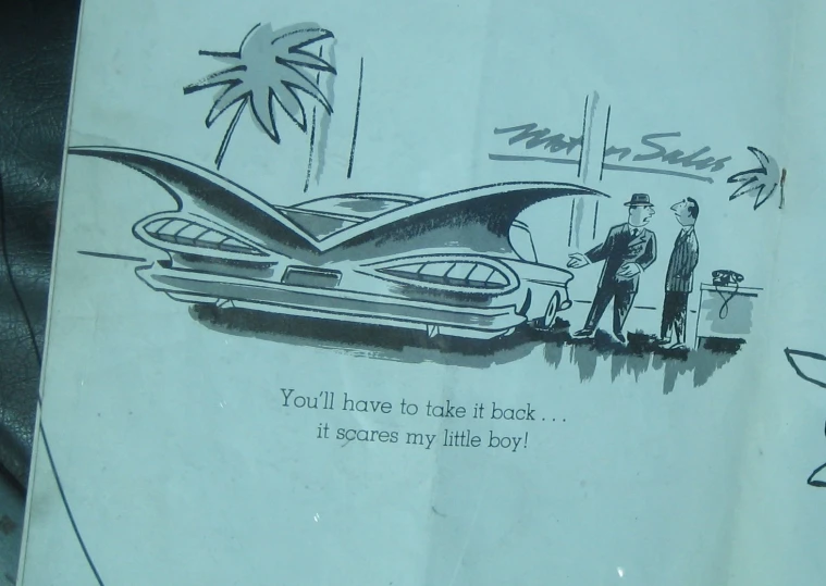 a paper advertit for a car with a cartoon picture of the rear end of it