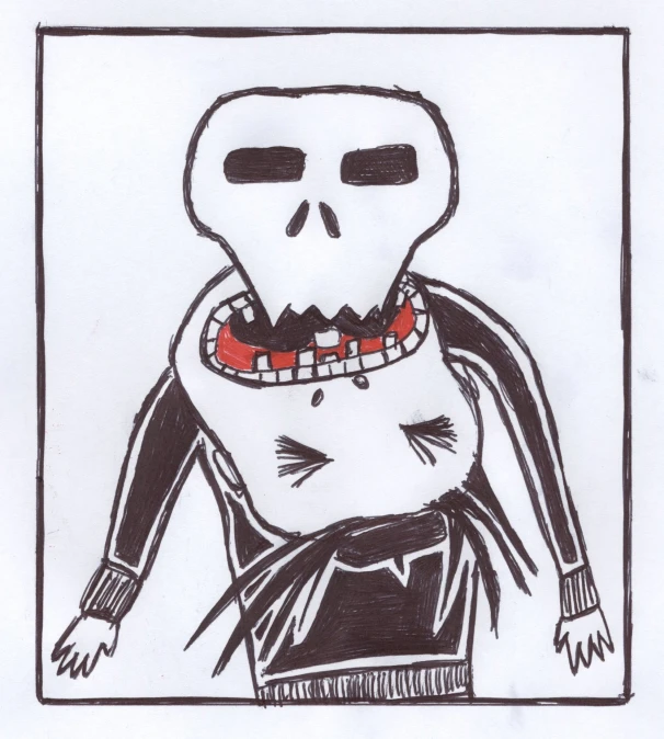 a drawing of a skeleton wearing clothes with a scarf around his neck