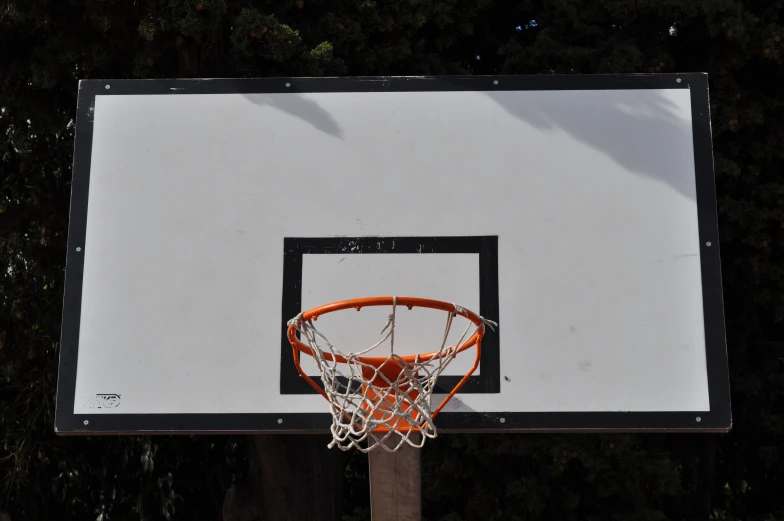 an overhead view of an empty basketball court and net