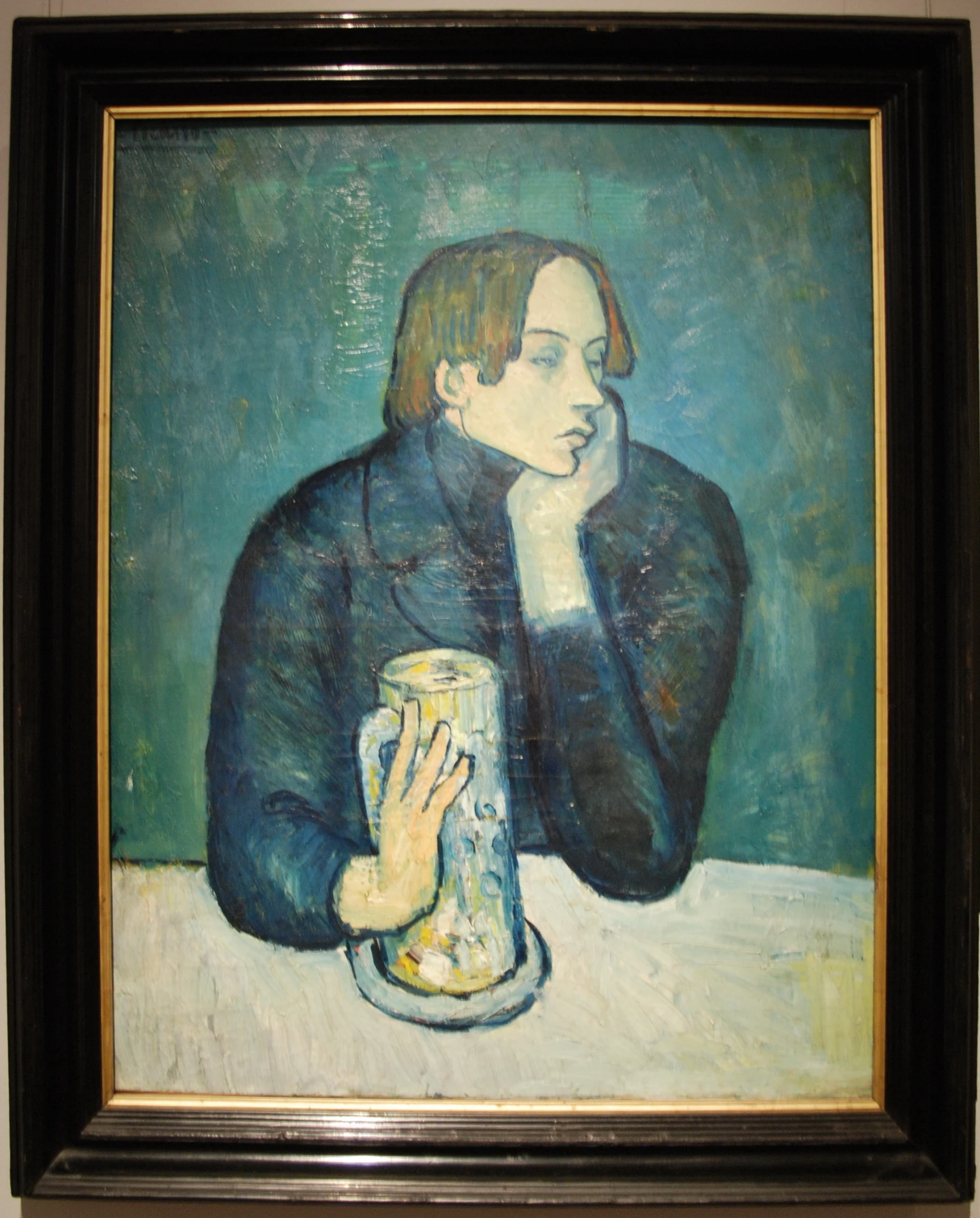 a painting of a woman sitting in front of a bottle of beer