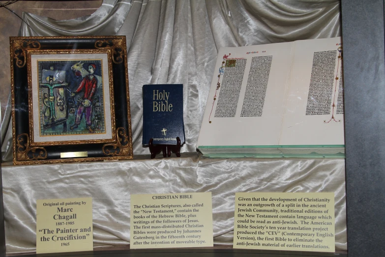 a display in a case with two books next to it