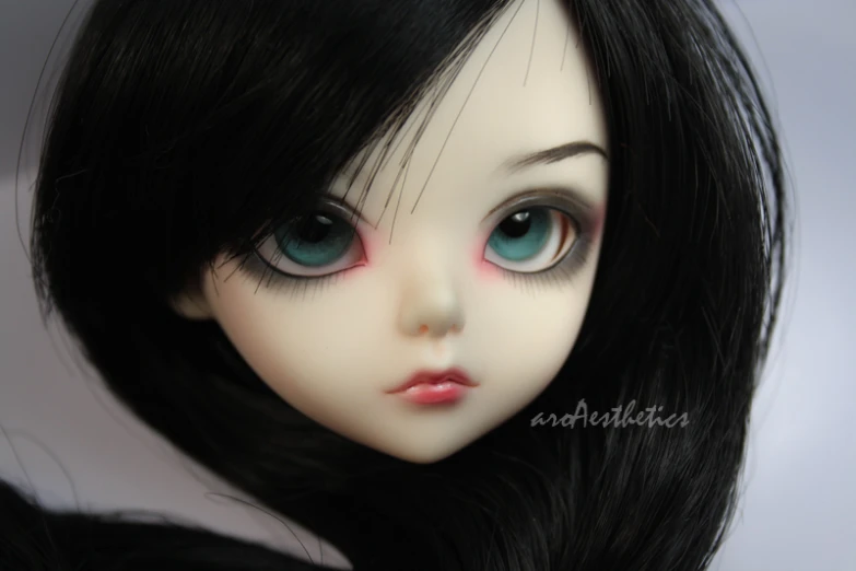 close up picture of a doll face with black hair