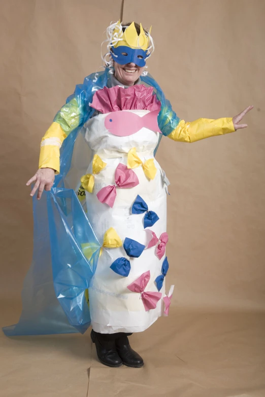 a woman wearing a costume made out of plastic