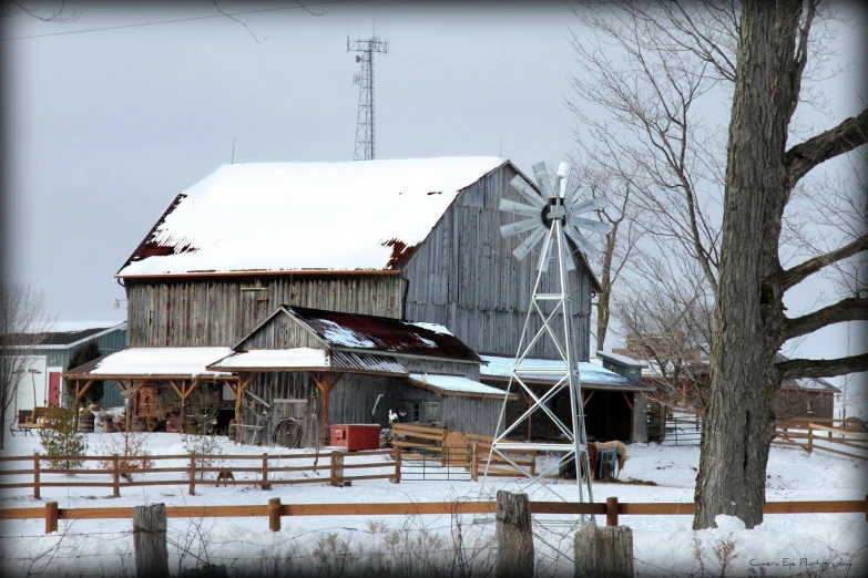 a wooden building with windmill next to a tree