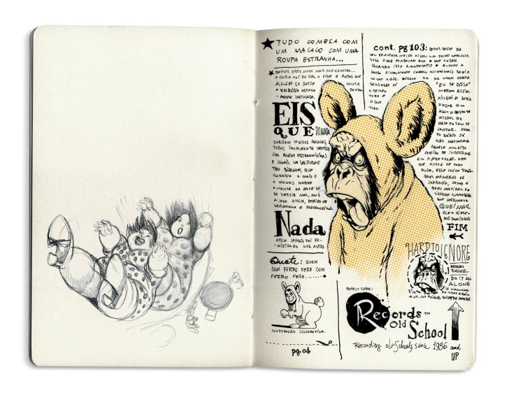 a book with cartoon drawings inside it and a drawing of a mouse in the middle
