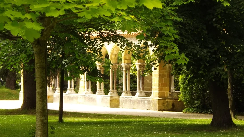 a grassy park that has columns in between trees