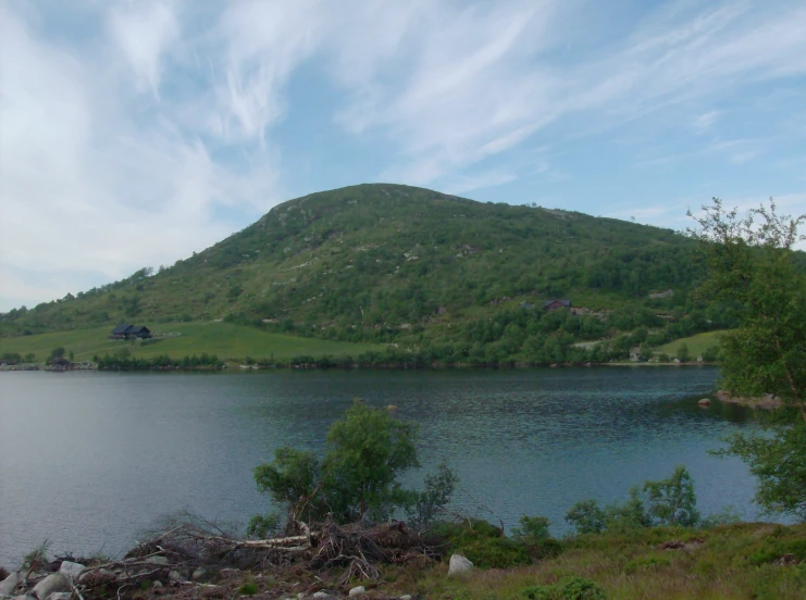 a beautiful landscape with water and green hills