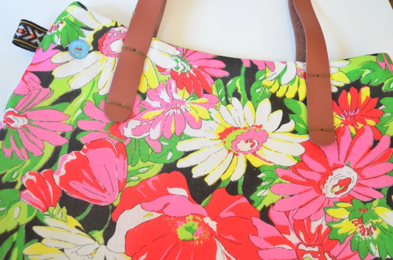 a large floral printed purse is on display