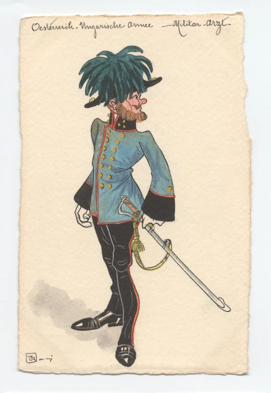 a drawing of a man with a green hair, a moustache and cane