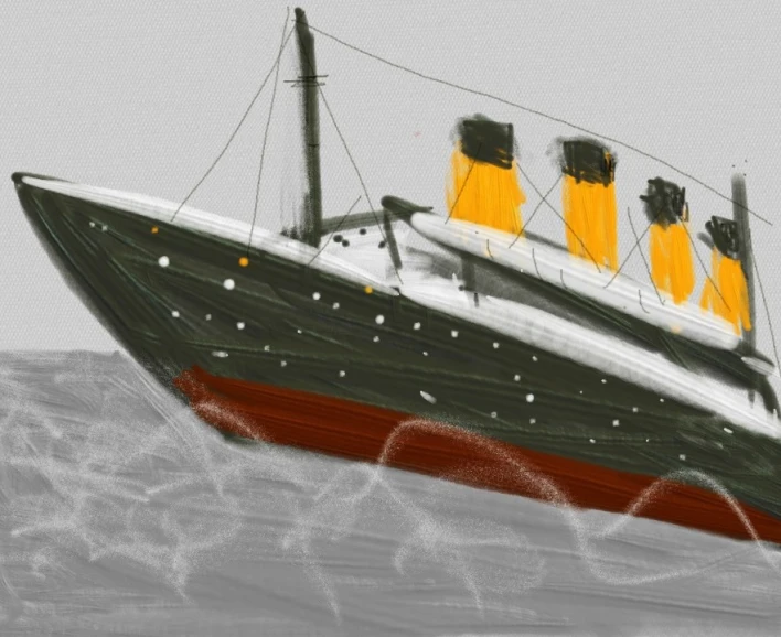 a drawing of a large, green and yellow ship
