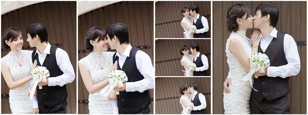 wedding pography showing kissing couple in front of brown building