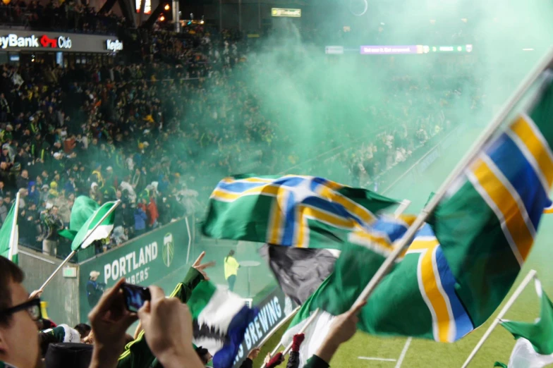 a crowd of people standing on top of a field holding flags