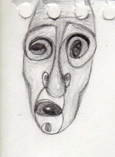 the drawing depicts an unknown face with small circles surrounding it