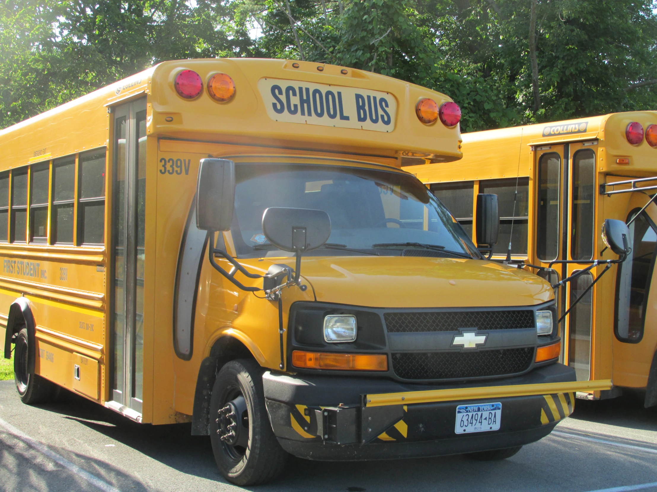 several school buses parked together on the side of the road