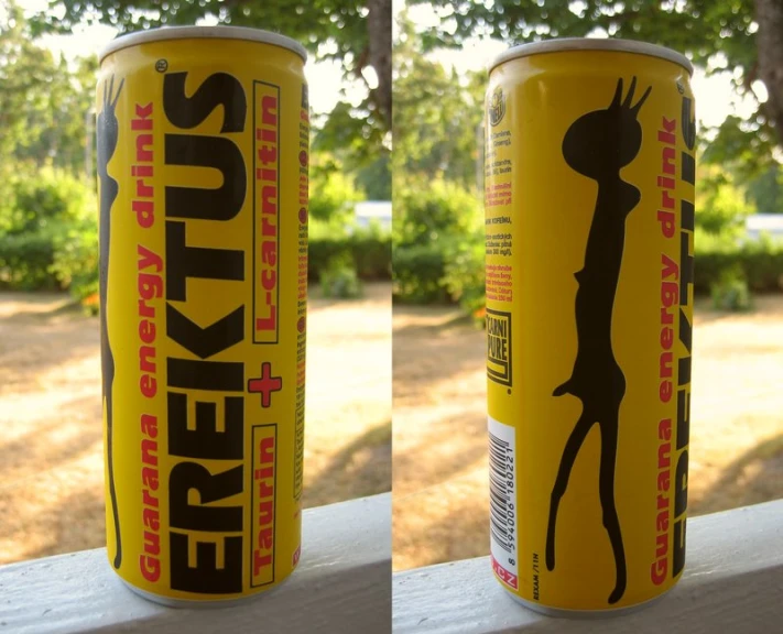 two canned beverages that are standing up outside