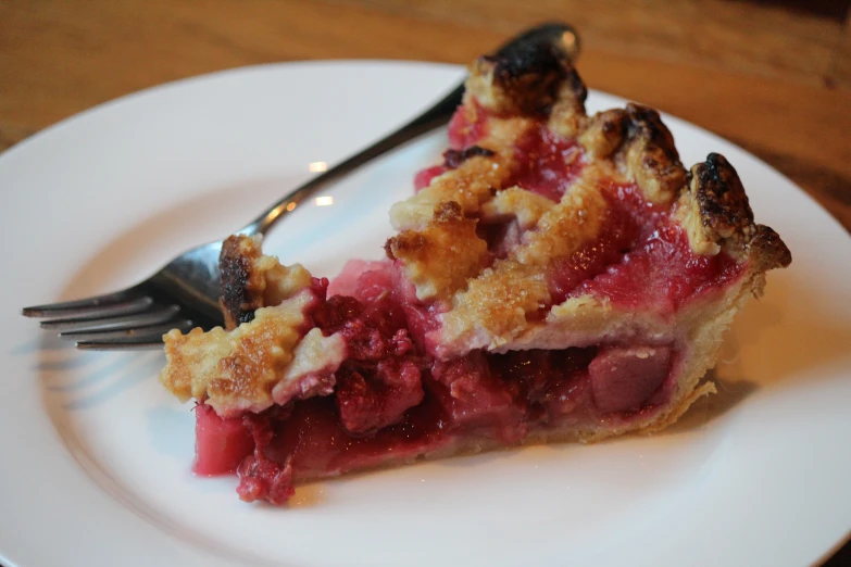 a piece of pie on a white plate with a fork