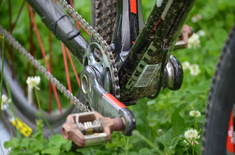 the chain and wheel on a bicycle in the grass