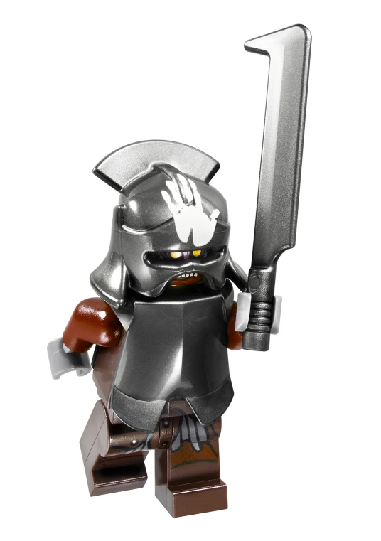 a lego knight with an axe, helmet and a saber