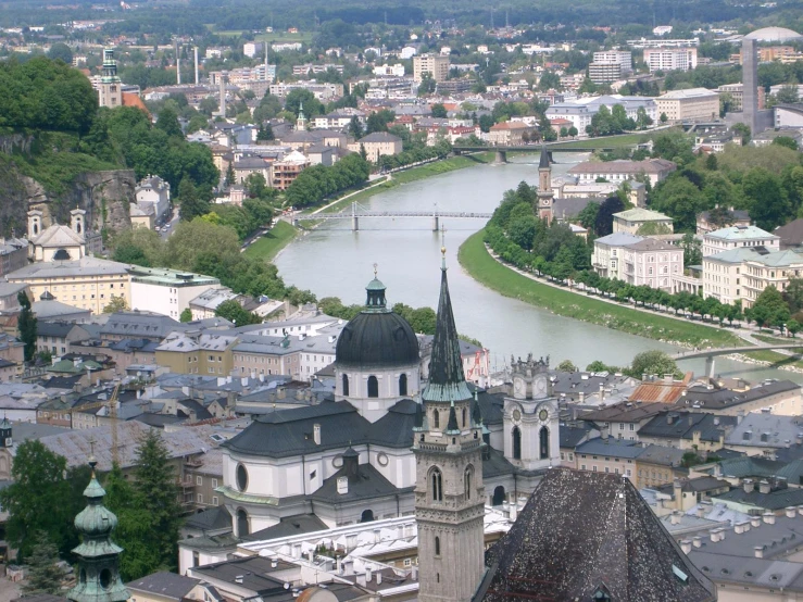 this city has buildings, streets, and many different rivers