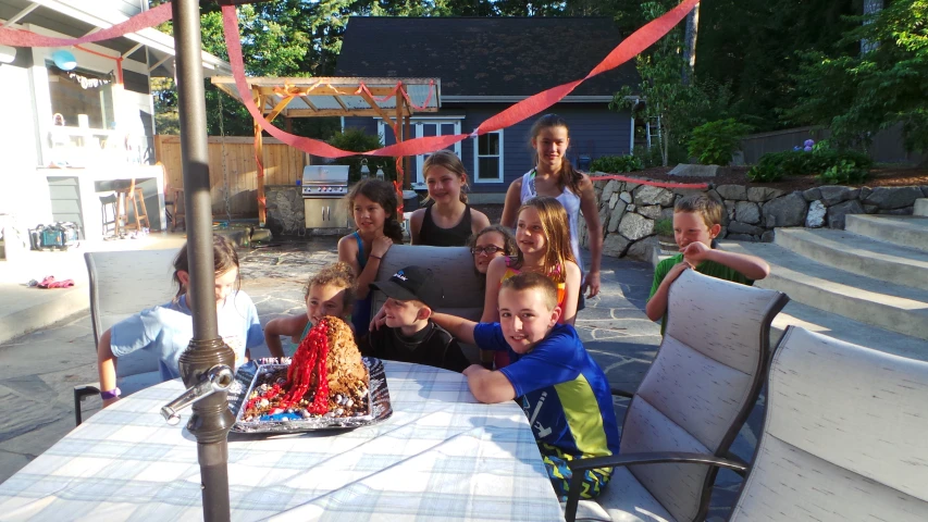a group of children with two cakes at a picnic table