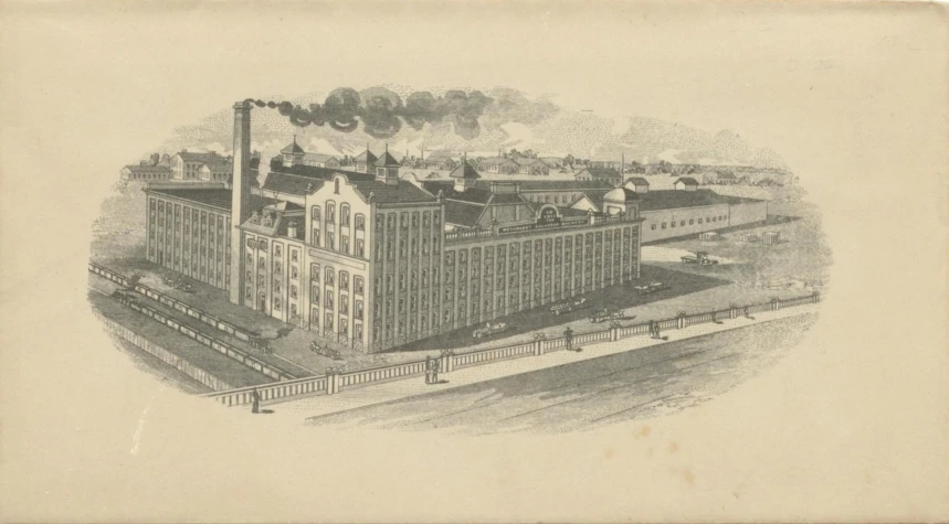 an old drawing of a factory with a train