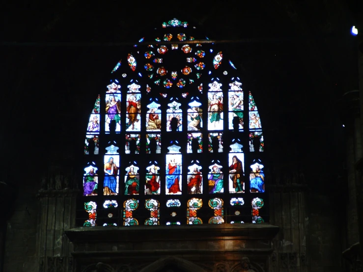 large stained glass window with multiple colors